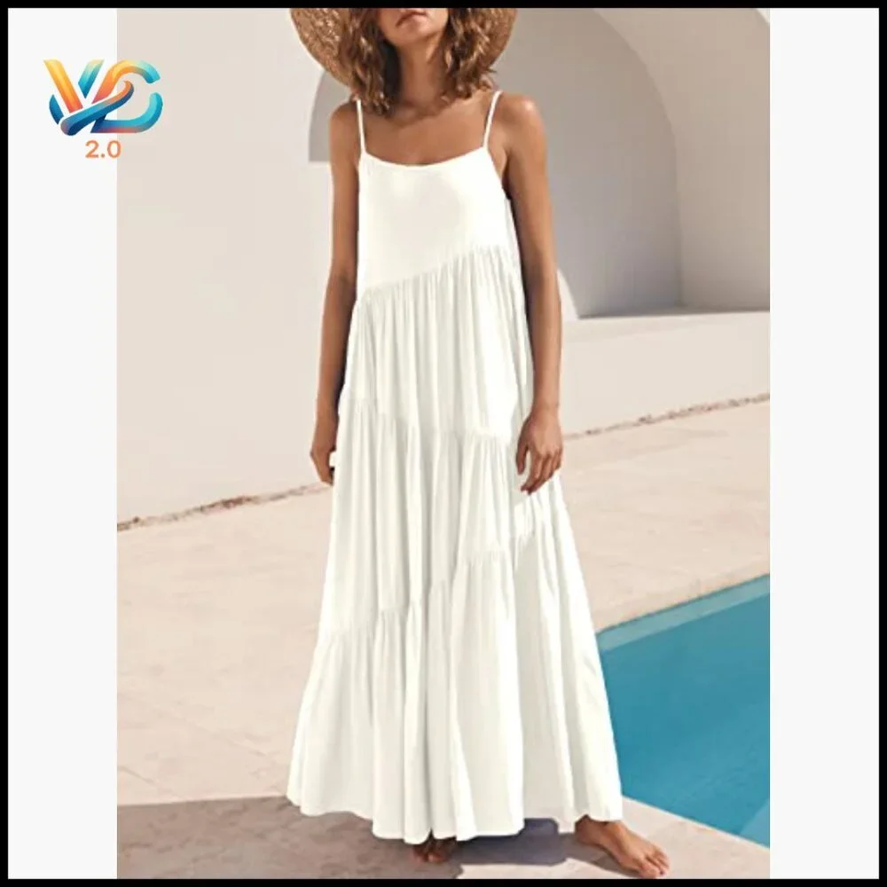 Loose Fit Maxi Dress with Adjustable Spaghetti Straps, Flowy Swing Hem